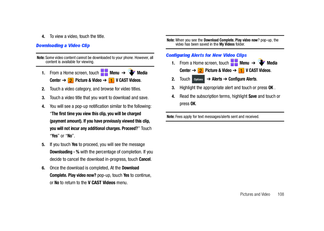 Samsung SCH-U820ZKAVZW To view a video, touch the title, Downloading a Video Clip, Configuring Alerts for New Video Clips 