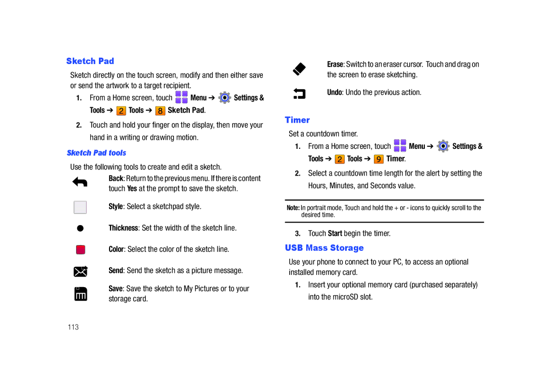 Samsung GH68-26940A, SCH-U820ZKAVZW user manual Timer, USB Mass Storage, Sketch Pad tools 