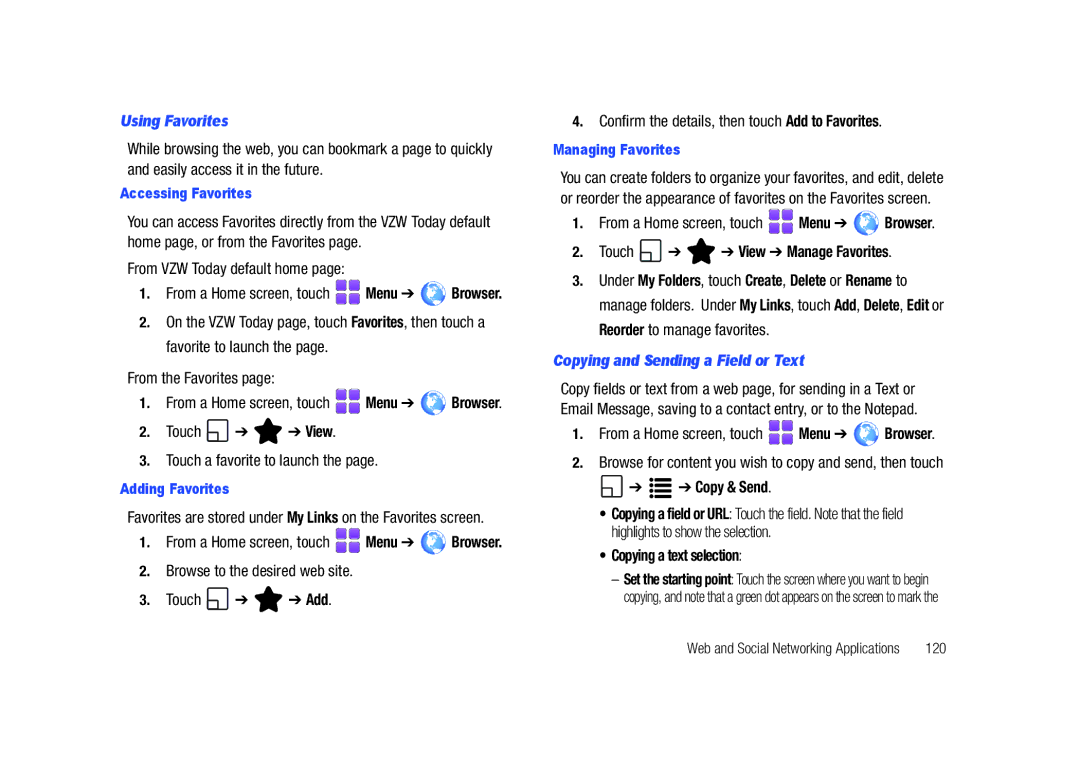 Samsung SCH-U820ZKAVZW Using Favorites, Touch View Manage Favorites, Copying and Sending a Field or Text, Copy & Send 