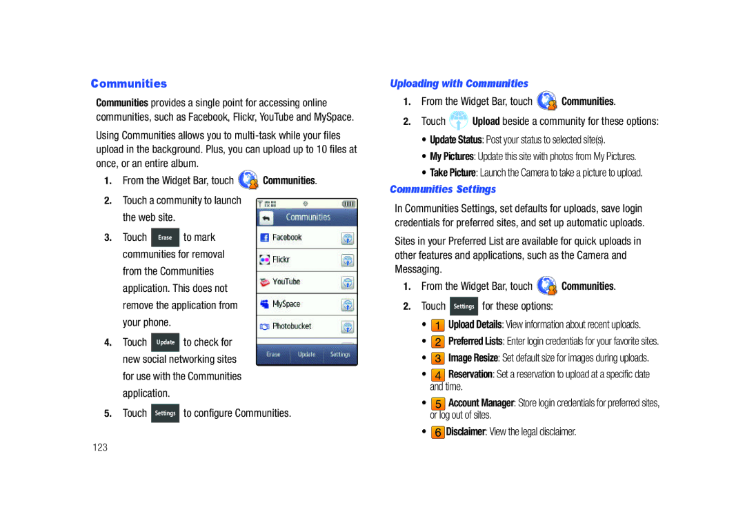 Samsung GH68-26940A user manual Touch Settings to configure Communities, Uploading with Communities, Communities Settings 