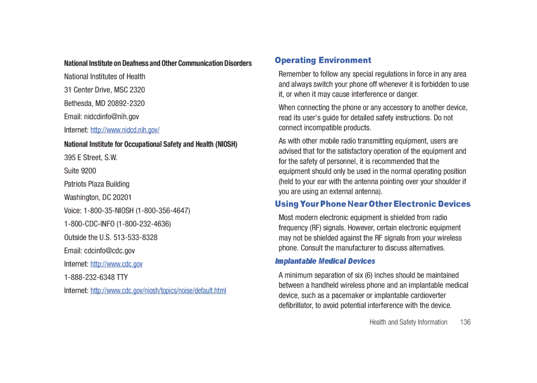 Samsung SCH-U820ZKAVZW, GH68-26940A user manual Operating Environment, Implantable Medical Devices, 136 