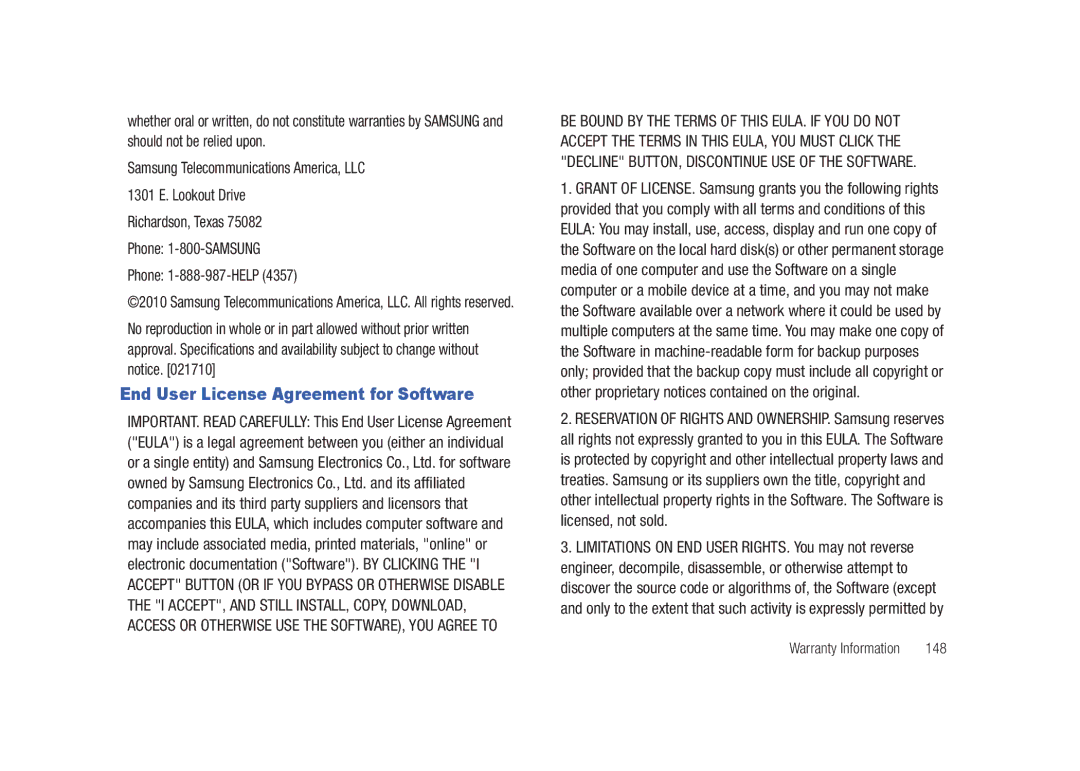 Samsung SCH-U820ZKAVZW, GH68-26940A user manual End User License Agreement for Software, 148 