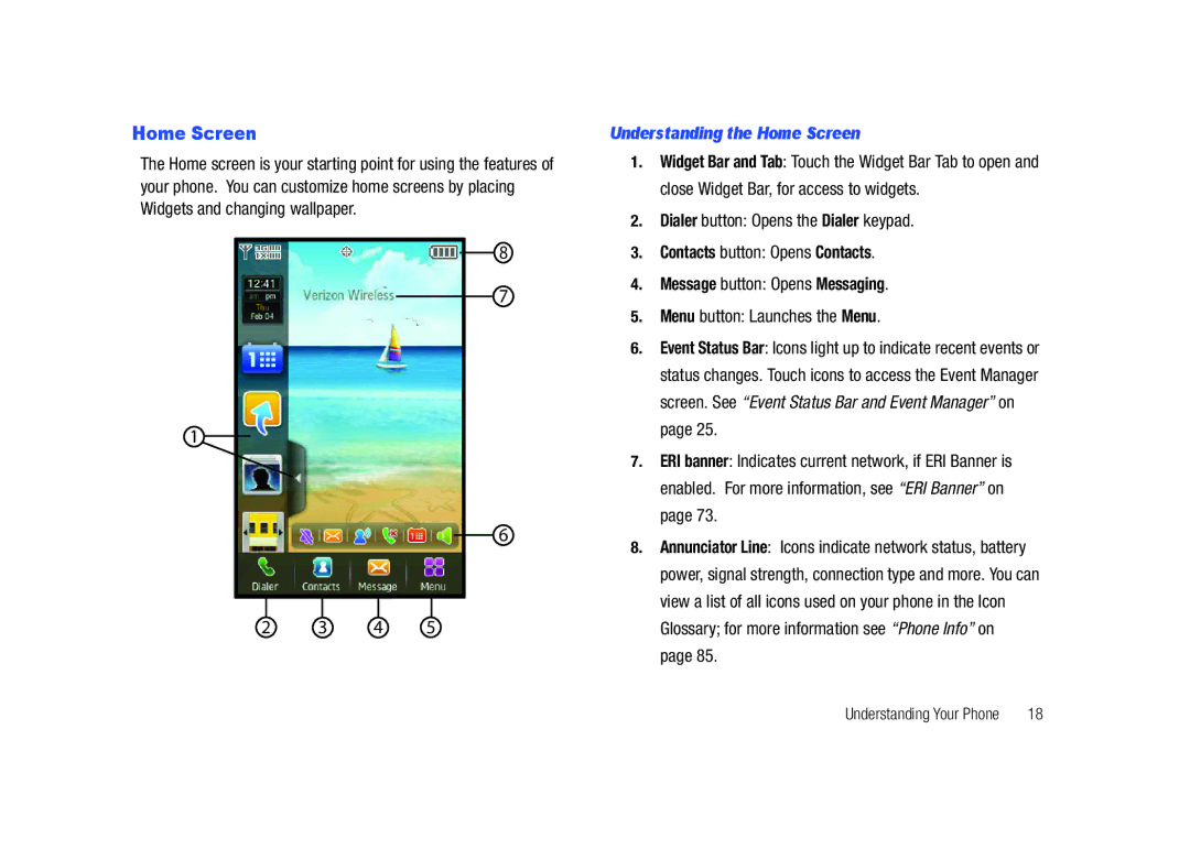 Samsung SCH-U820ZKAVZW, GH68-26940A user manual Understanding the Home Screen, Dialer button Opens the Dialer keypad 