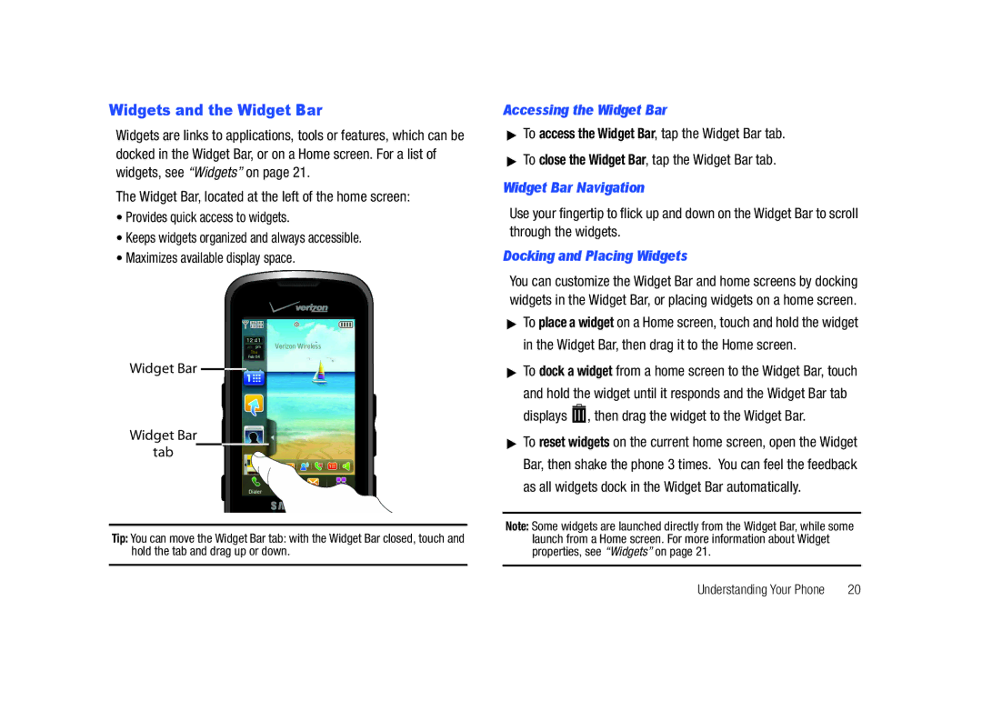 Samsung SCH-U820ZKAVZW, GH68-26940A user manual Widgets and the Widget Bar, Accessing the Widget Bar, Widget Bar Navigation 