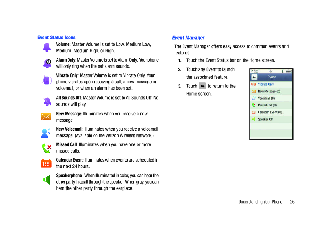 Samsung SCH-U820ZKAVZW, GH68-26940A user manual Event Manager, Touch to return to the Home screen 