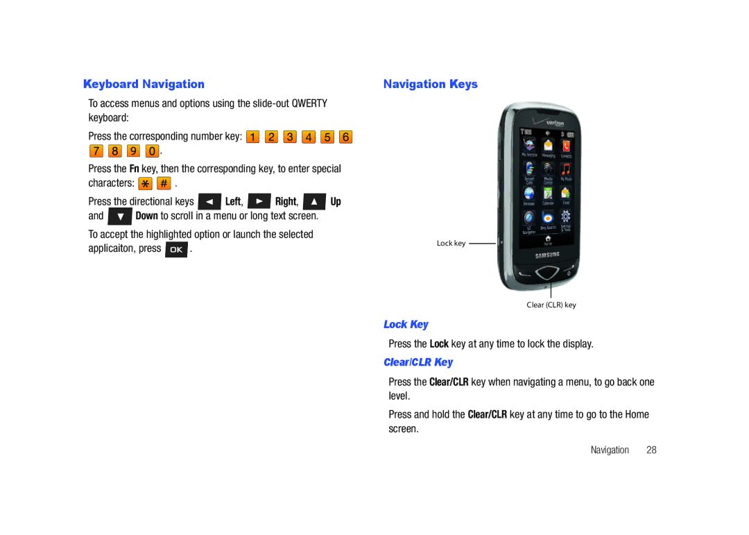 Samsung SCH-U820ZKAVZW Keyboard Navigation, Navigation Keys, Lock Key, Press the Lock key at any time to lock the display 