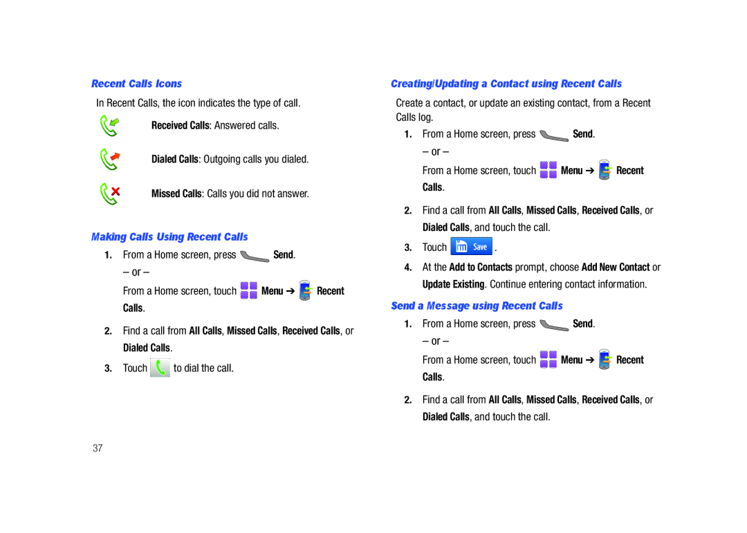 Samsung GH68-26940A Recent Calls Icons, Making Calls Using Recent Calls, Creating/Updating a Contact using Recent Calls 