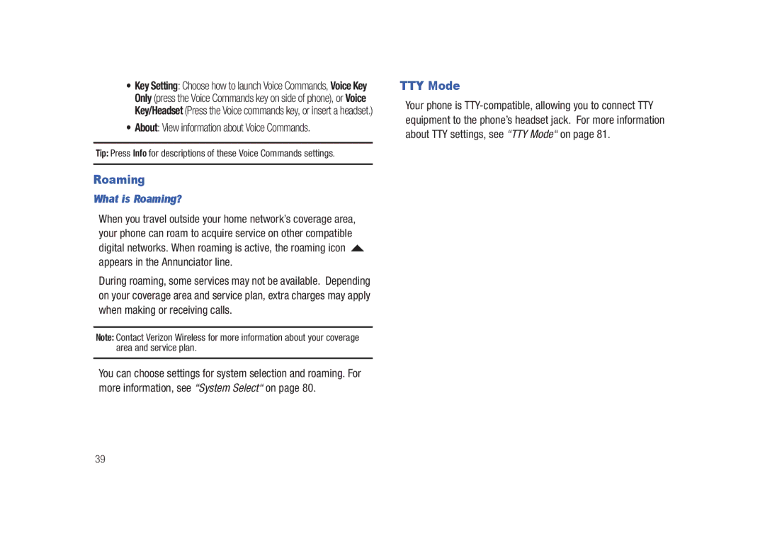 Samsung GH68-26940A, SCH-U820ZKAVZW user manual TTY Mode, About View information about Voice Commands, What is Roaming? 