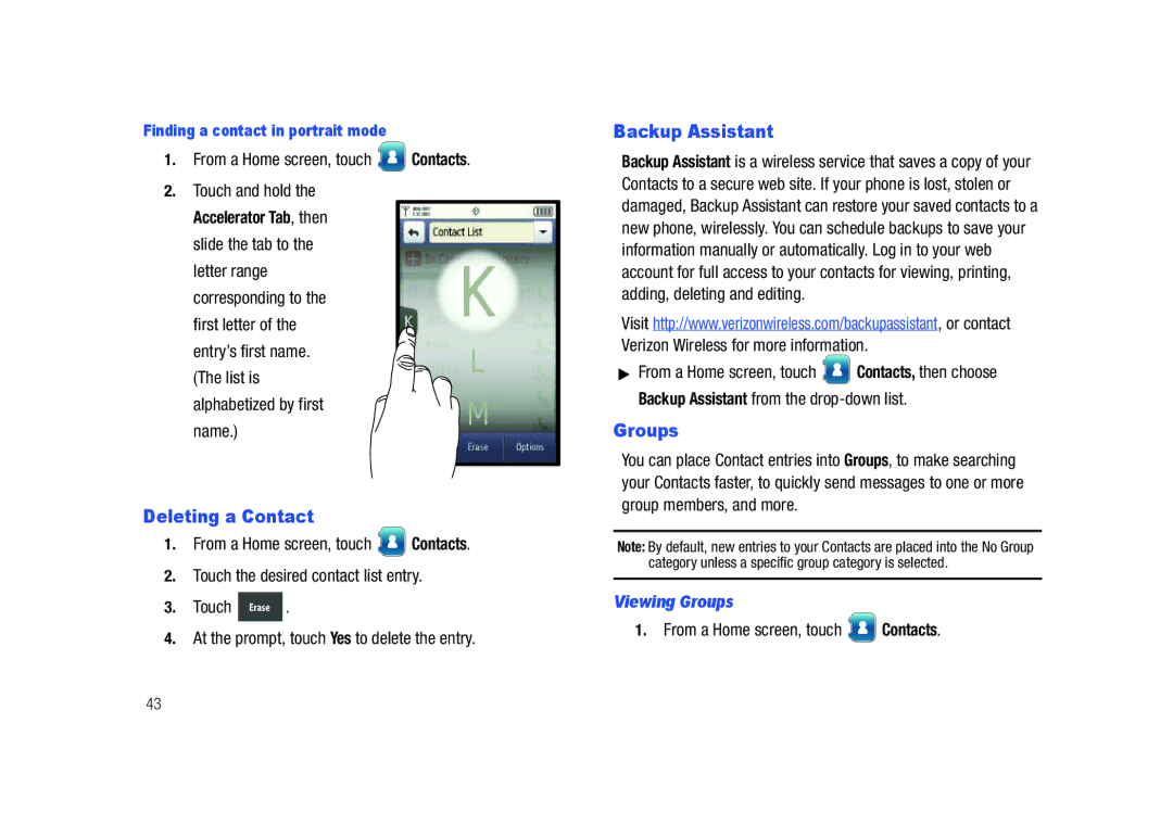 Samsung GH68-26940A, SCH-U820ZKAVZW user manual Deleting a Contact, Backup Assistant, Viewing Groups 