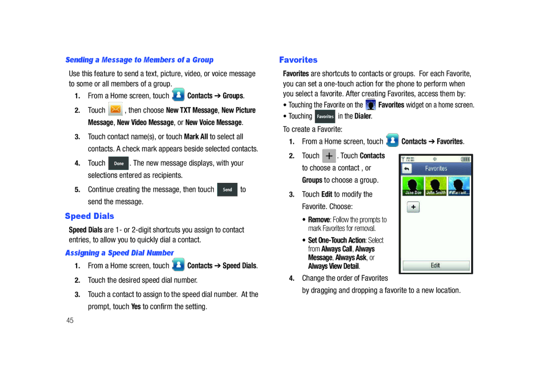 Samsung GH68-26940A Speed Dials, Favorites, Sending a Message to Members of a Group, Assigning a Speed Dial Number 