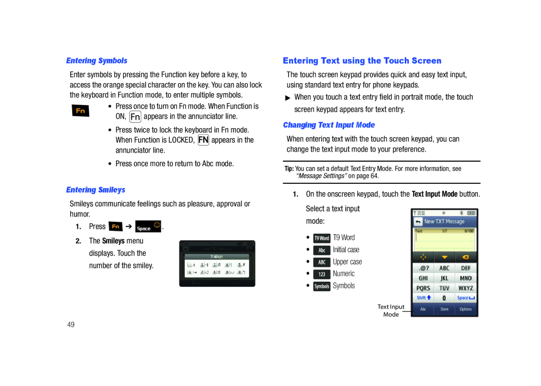 Samsung GH68-26940A Entering Text using the Touch Screen, Entering Symbols, Entering Smileys, Changing Text Input Mode 