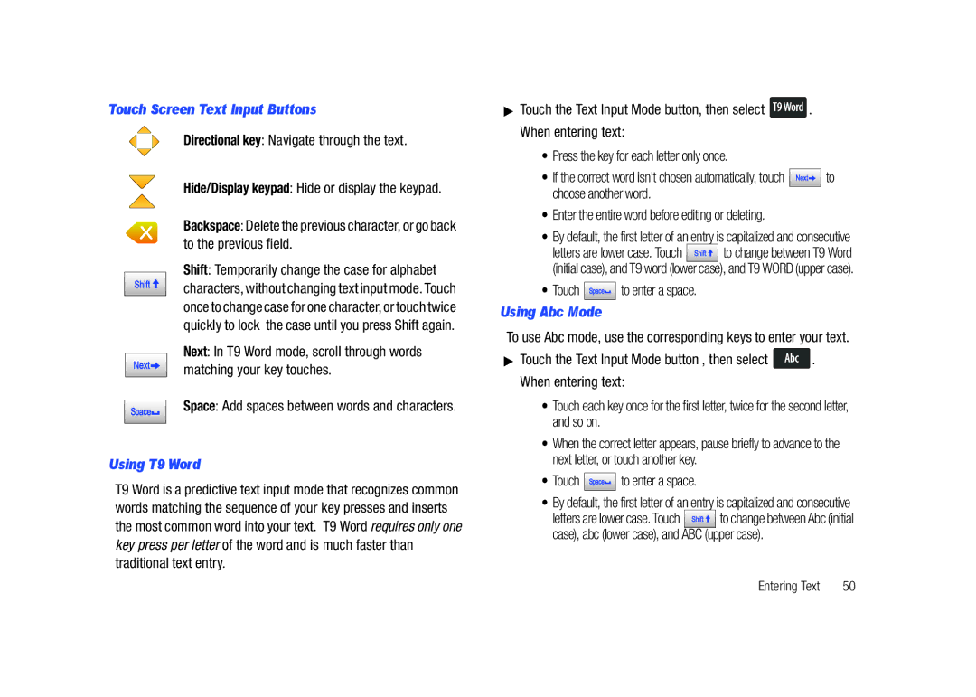 Samsung SCH-U820ZKAVZW, GH68-26940A user manual Touch Screen Text Input Buttons, Using T9 Word, Using Abc Mode 