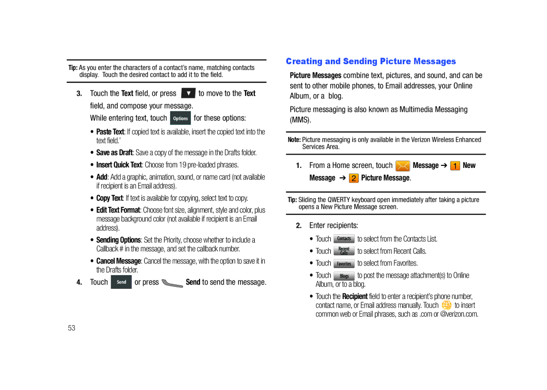 Samsung GH68-26940A user manual Creating and Sending Picture Messages, Message Picture Message, To select from Recent Calls 