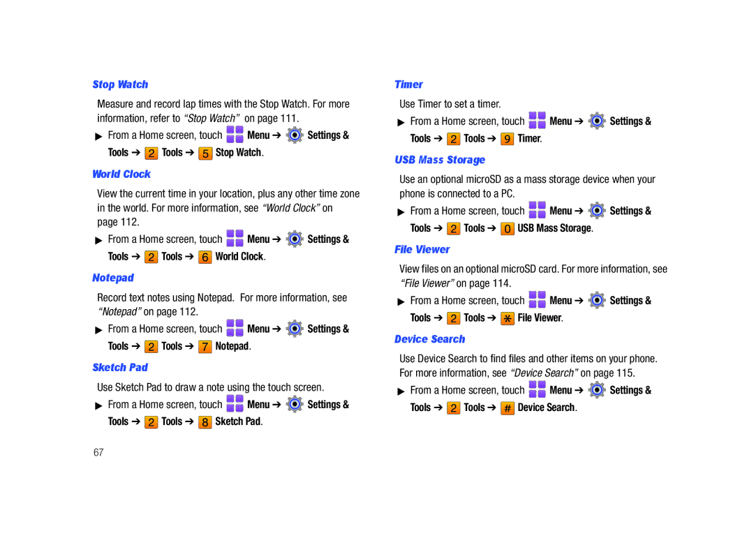 Samsung GH68-26940A user manual Stop Watch, World Clock, Sketch Pad, Timer, USB Mass Storage, File Viewer, Device Search 