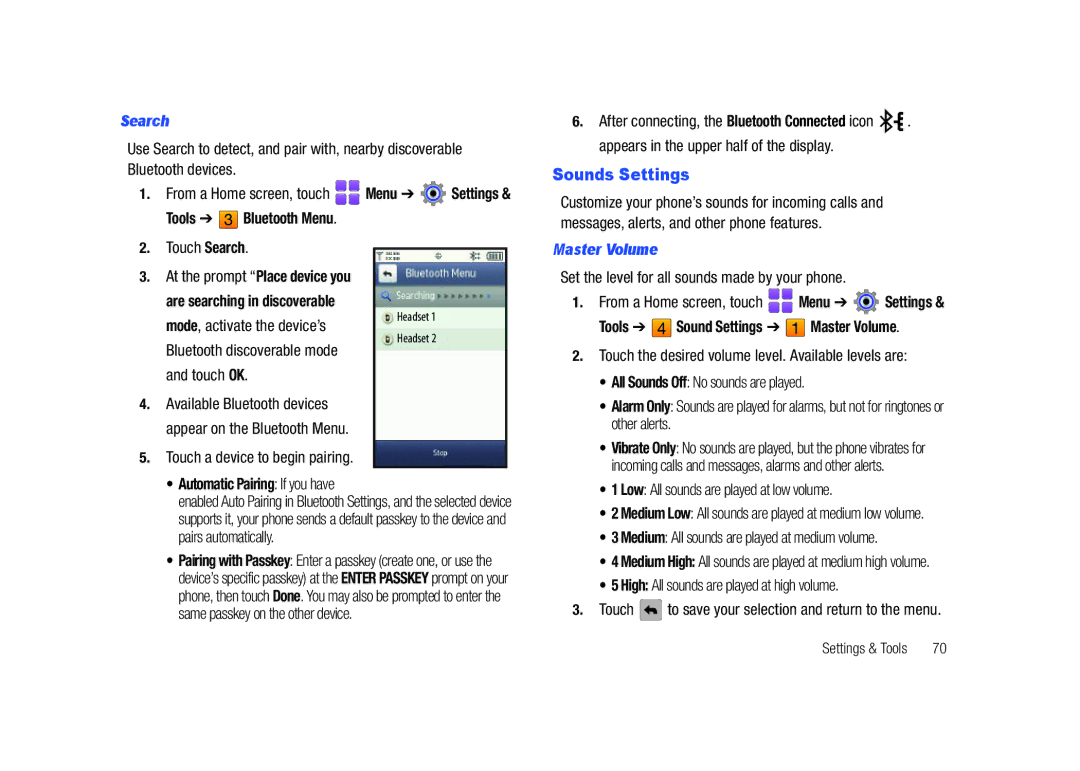 Samsung SCH-U820ZKAVZW Sounds Settings, Search, Tools Sound Settings Master Volume, Automatic Pairing If you have 