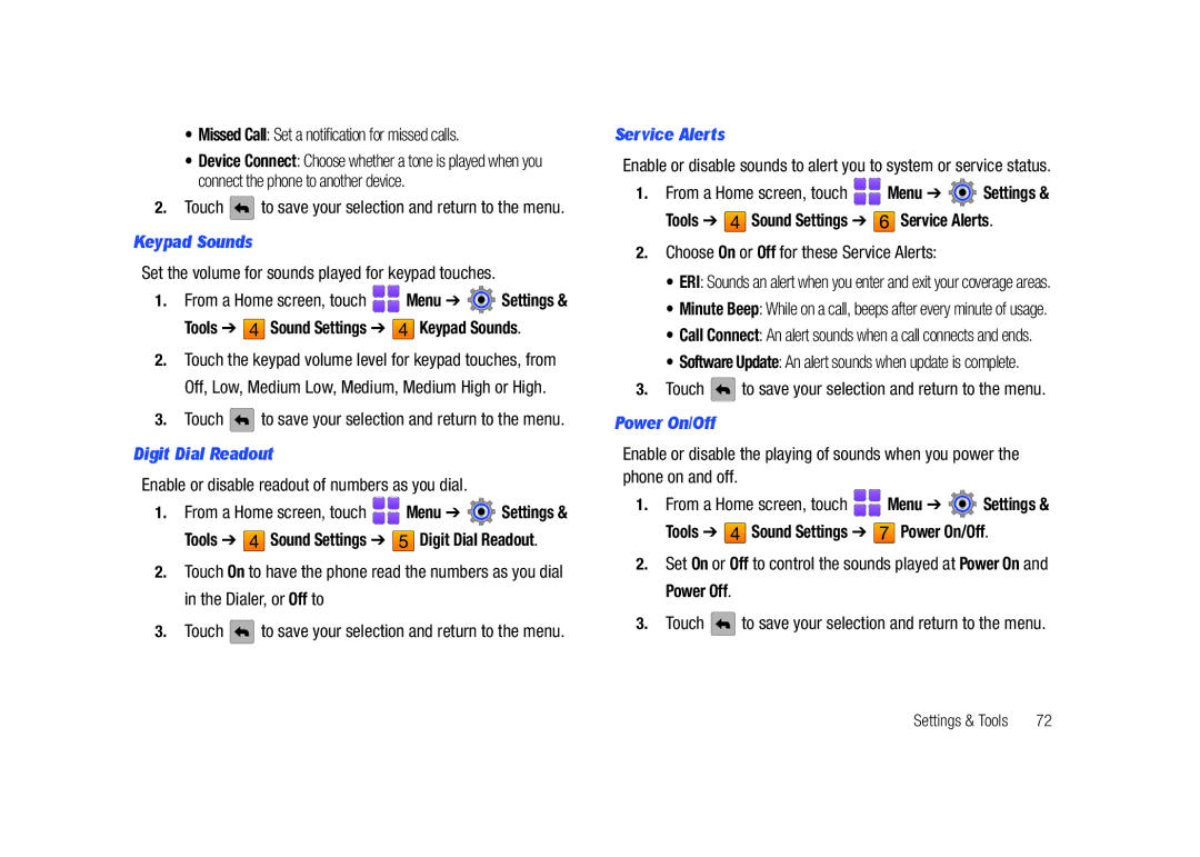 Samsung SCH-U820ZKAVZW user manual Keypad Sounds, Digit Dial Readout, Tools Sound Settings Service Alerts, Power On/Off 