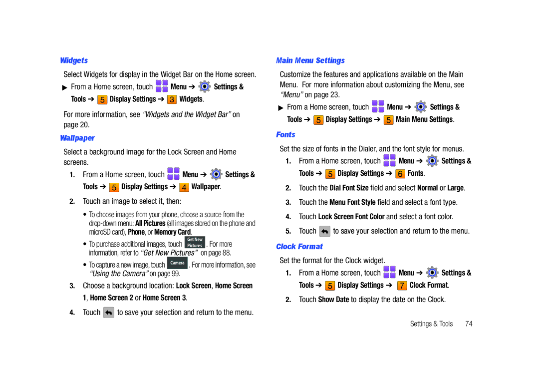Samsung SCH-U820ZKAVZW, GH68-26940A user manual Wallpaper, Main Menu Settings, Fonts, Clock Format 