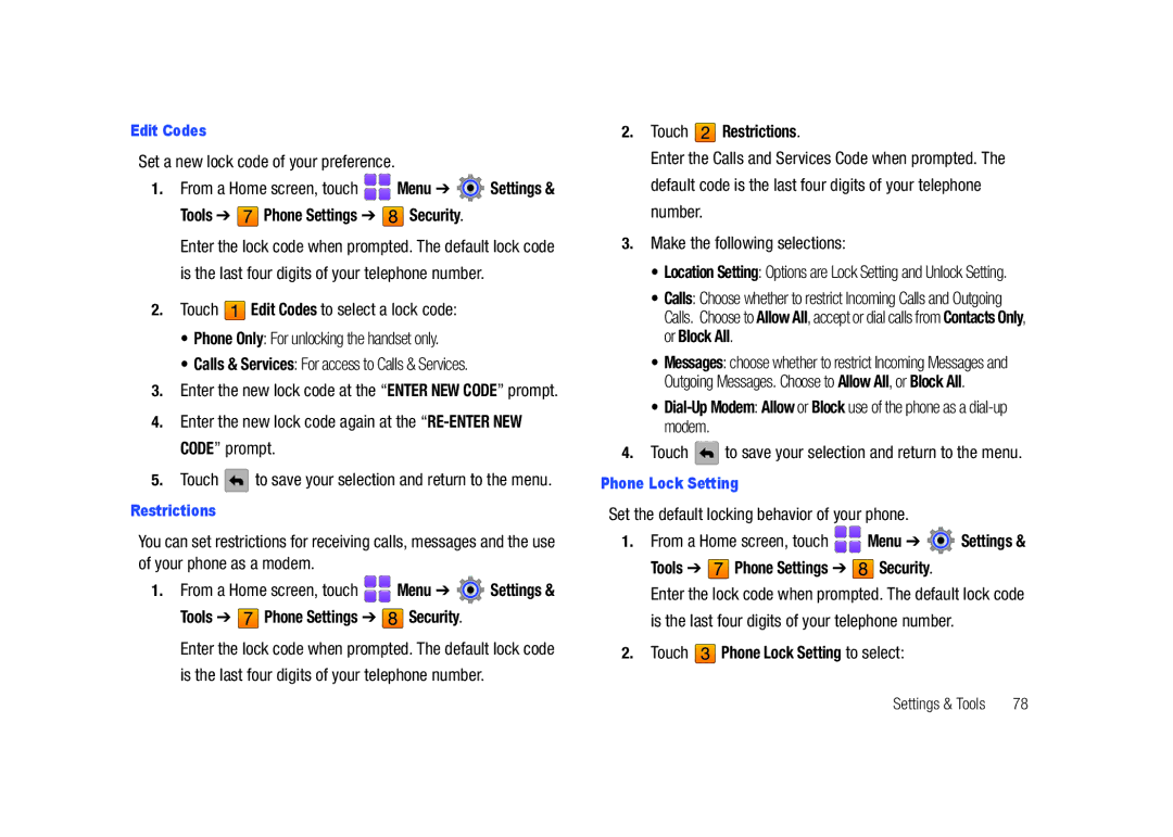 Samsung SCH-U820ZKAVZW, GH68-26940A user manual Security, Touch Restrictions, Set the default locking behavior of your phone 
