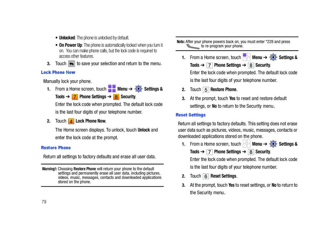 Samsung GH68-26940A, SCH-U820ZKAVZW user manual Touch Lock Phone Now, Touch Restore Phone, Touch Reset Settings 