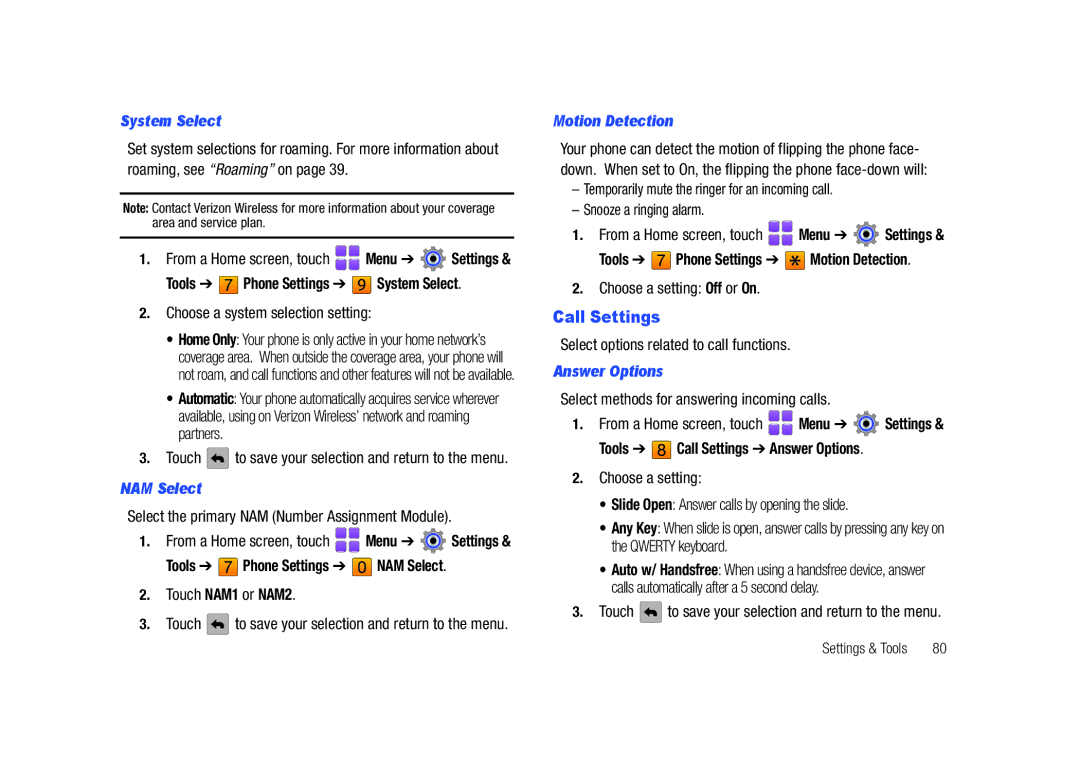 Samsung SCH-U820ZKAVZW, GH68-26940A user manual Call Settings, System Select, NAM Select, Motion Detection, Answer Options 