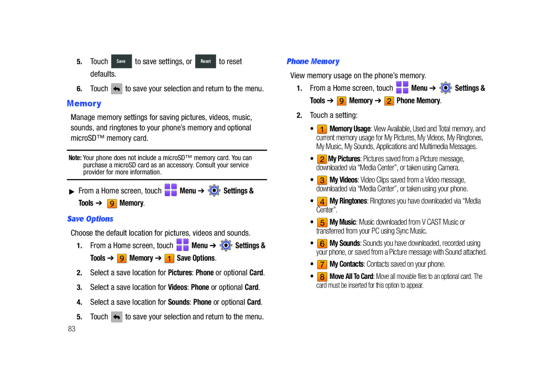 Samsung GH68-26940A, SCH-U820ZKAVZW user manual Tools Memory Save Options, Tools Memory Phone Memory 
