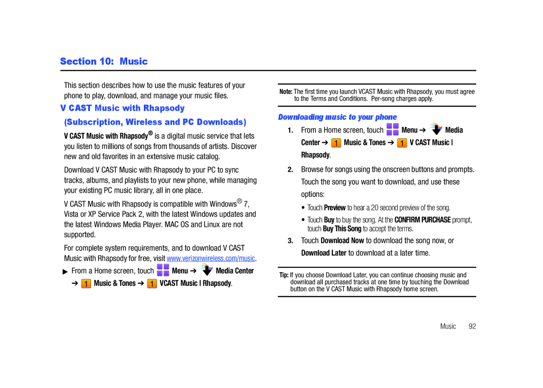 Samsung SCH-U820ZKAVZW, GH68-26940A Downloading music to your phone, Center Music & Tones V Cast Music Rhapsody 