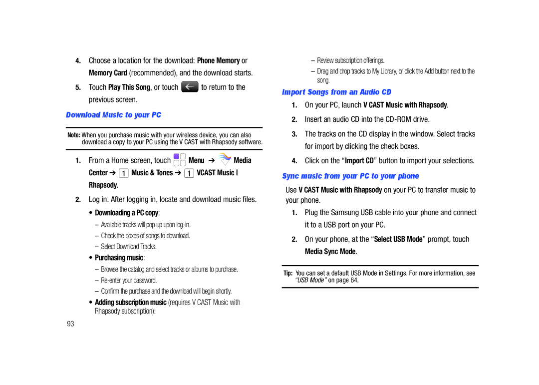 Samsung GH68-26940A Download Music to your PC, Import Songs from an Audio CD, Sync music from your PC to your phone 