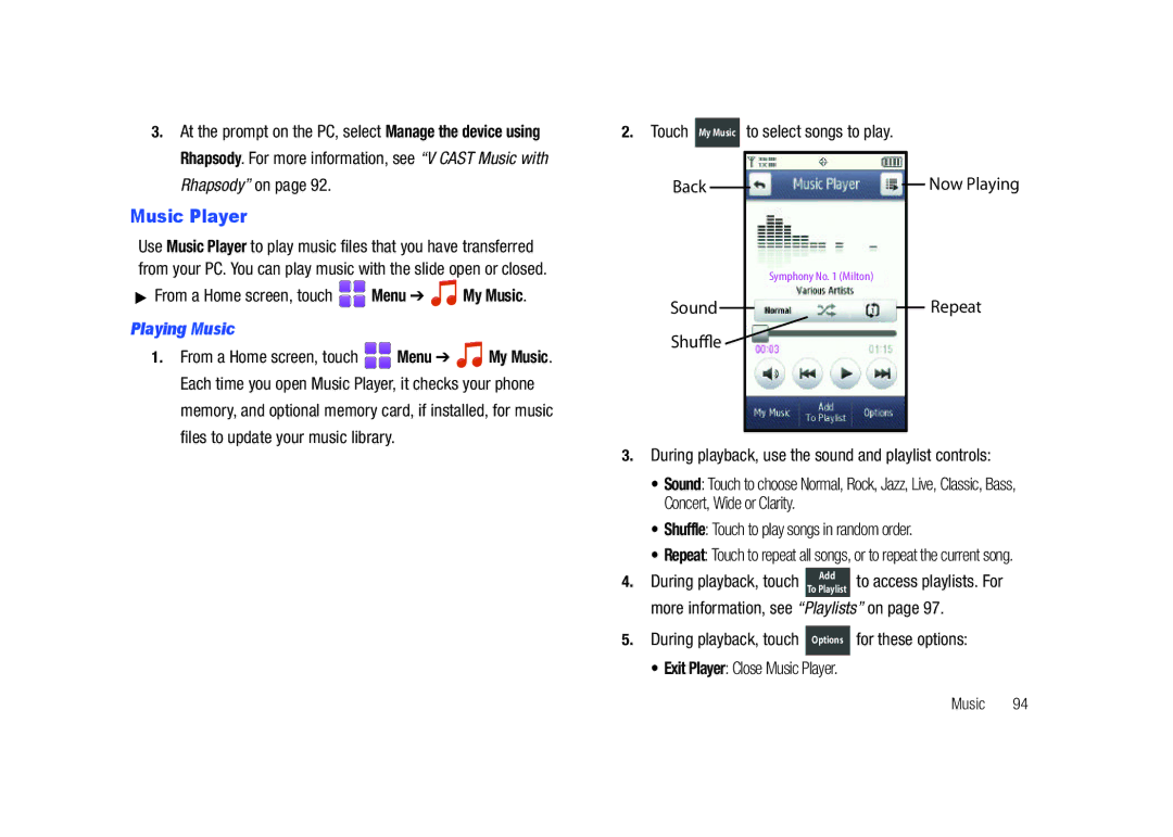 Samsung SCH-U820ZKAVZW, GH68-26940A user manual Music Player, From a Home screen, touch Menu My Music, Playing Music 