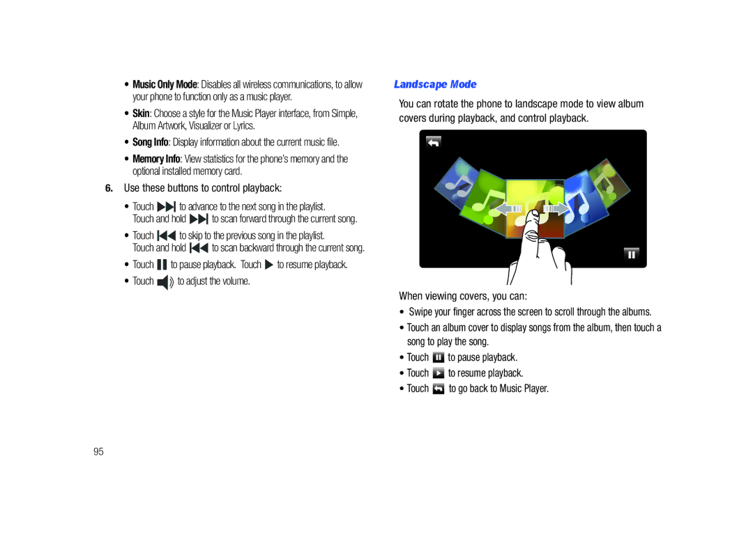 Samsung GH68-26940A, SCH-U820ZKAVZW Use these buttons to control playback, Touch to adjust the volume, Landscape Mode 