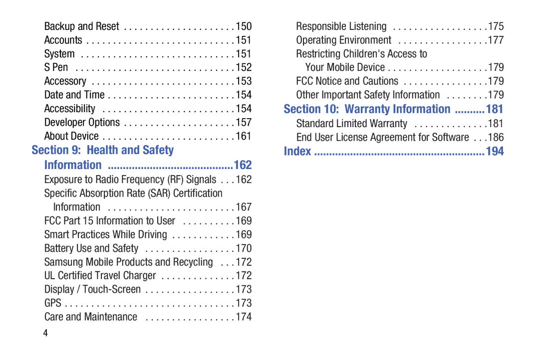 Samsung SCH-I925EAAVZW, SCHI925EAAVZW, GH68_37970A user manual 181, Health and Safety, 194, 162, Warranty Information 