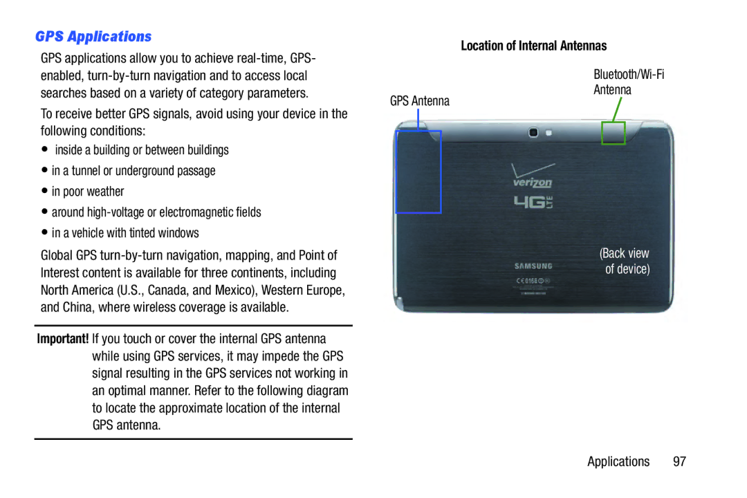 Samsung SCH-I925EAAVZW, SCHI925EAAVZW GPS Applications, GPS applications allow you to achieve real-time, GPS, GPS Antenna 