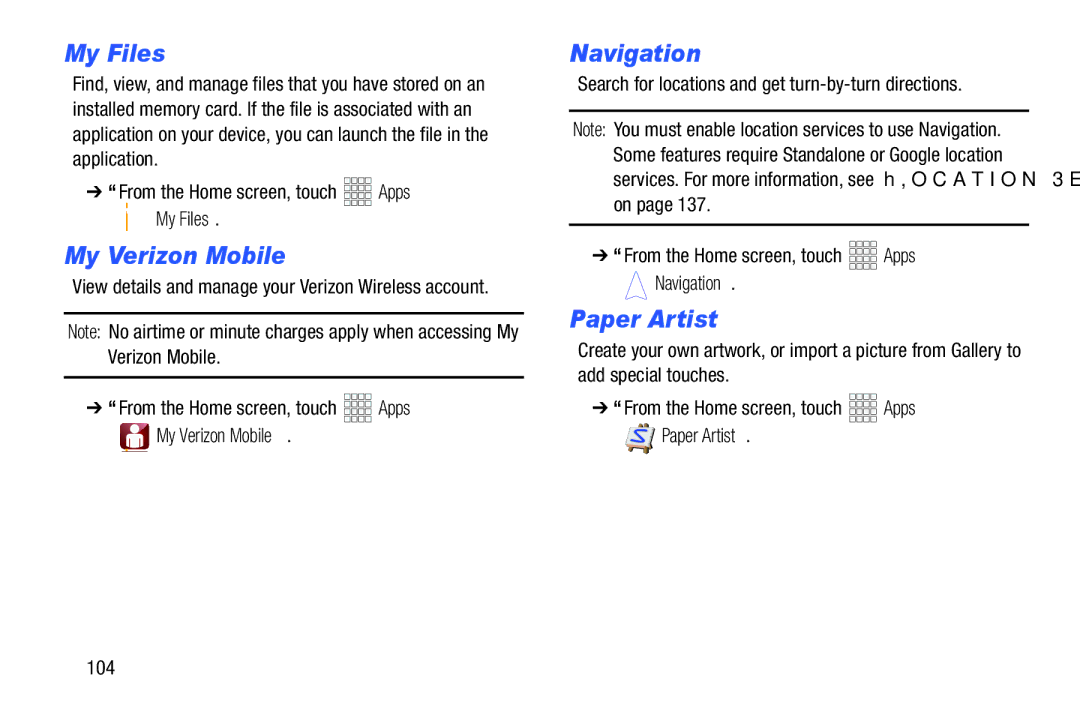 Samsung GH68_37970A, SCHI925EAAVZW, SCH-I925EAAVZW user manual My Files, My Verizon Mobile, Paper Artist 