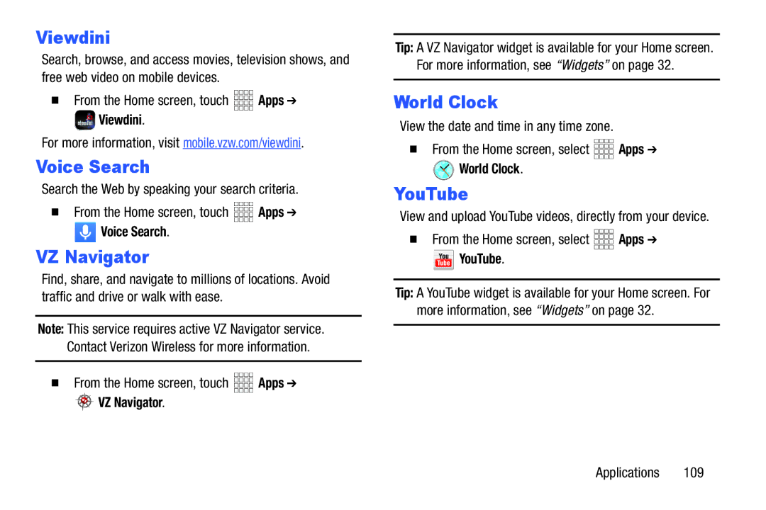 Samsung SCH-I925EAAVZW, SCHI925EAAVZW, GH68_37970A user manual Viewdini, Voice Search, VZ Navigator, World Clock, YouTube 