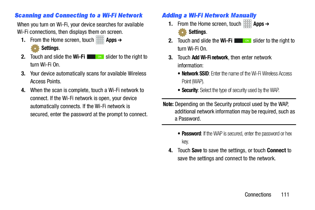 Samsung SCHI925EAAVZW user manual Adding a Wi-Fi Network Manually, Touch Add Wi-Fi network, then enter network information 