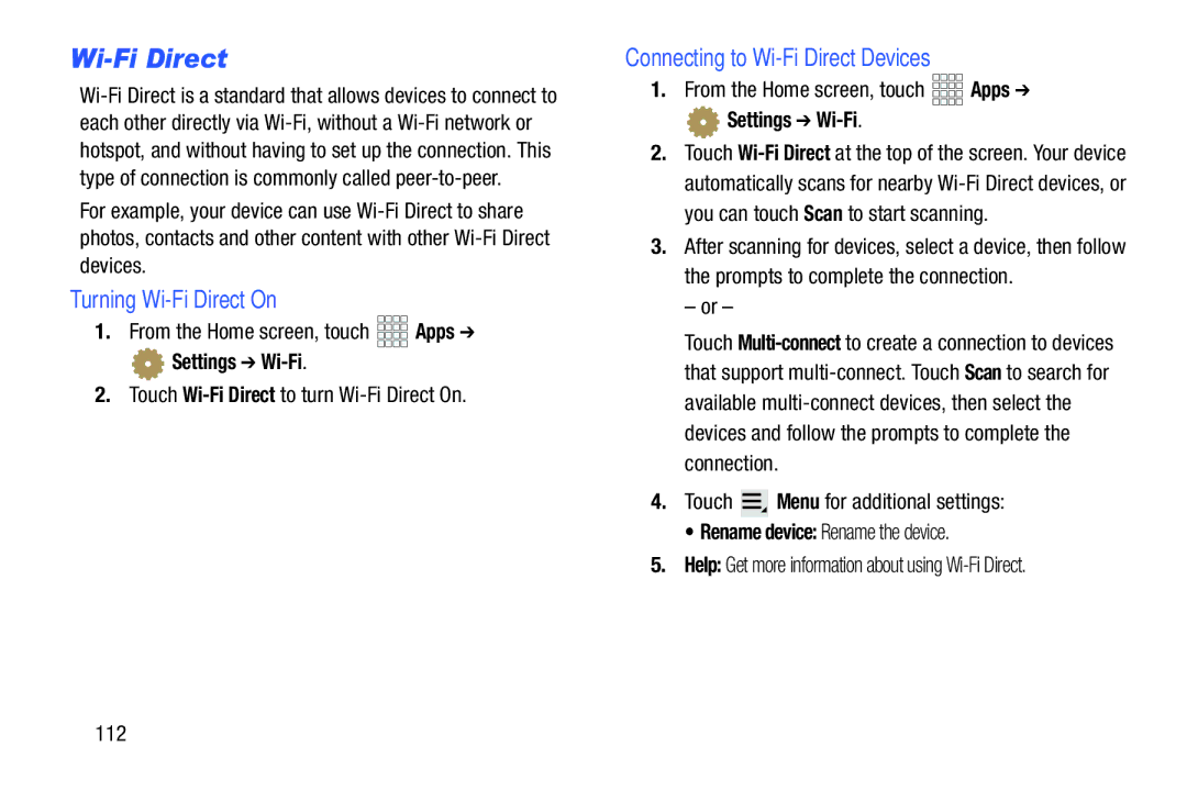 Samsung SCH-I925EAAVZW, SCHI925EAAVZW, GH68_37970A Turning Wi-Fi Direct On, Connecting to Wi-Fi Direct Devices, 112 