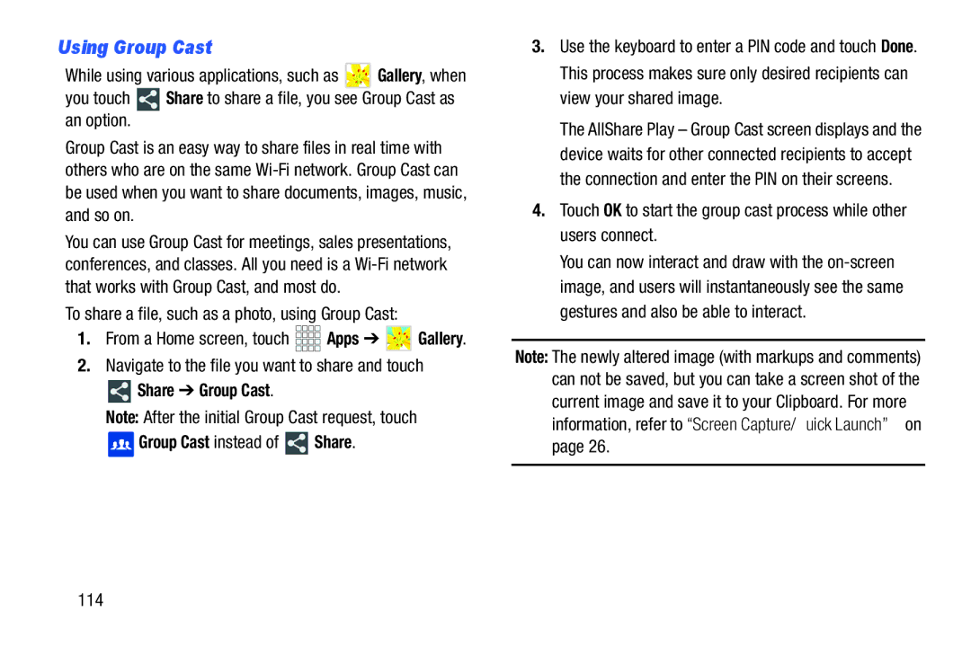 Samsung SCHI925EAAVZW, SCH-I925EAAVZW user manual Using Group Cast, To share a file, such as a photo, using Group Cast, 114 