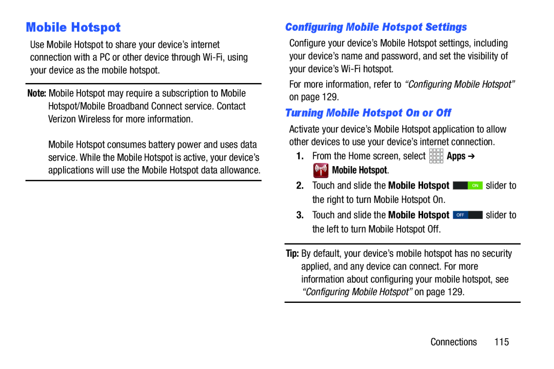 Samsung SCH-I925EAAVZW, SCHI925EAAVZW, GH68_37970A Configuring Mobile Hotspot Settings, Turning Mobile Hotspot On or Off 