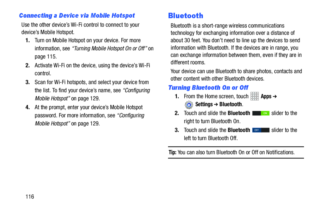 Samsung GH68_37970A Connecting a Device via Mobile Hotspot, Turning Bluetooth On or Off, Settings Bluetooth, 116 