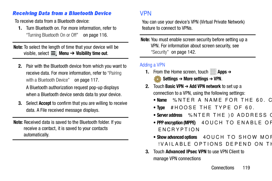 Samsung GH68_37970A Receiving Data from a Bluetooth Device, Visible, select Menu Visibility time out, Adding a VPN 