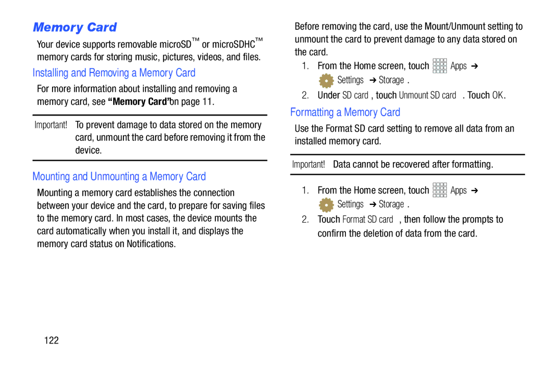 Samsung GH68_37970A, SCHI925EAAVZW, SCH-I925EAAVZW Installing and Removing a Memory Card, Formatting a Memory Card, 122 