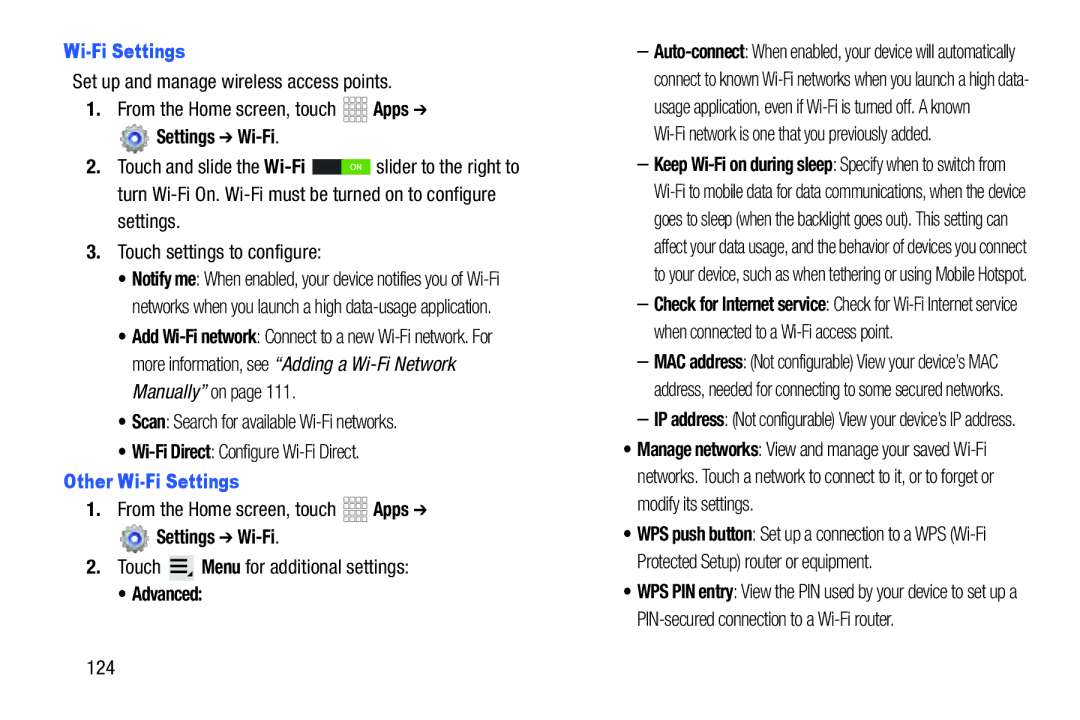 Samsung SCH-I925EAAVZW, SCHI925EAAVZW, GH68_37970A Other Wi-Fi Settings, Touch Menu for additional settings, 124 