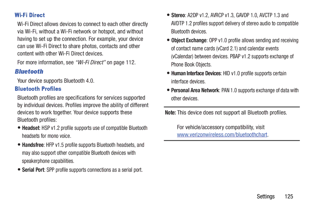 Samsung GH68_37970A, SCHI925EAAVZW, SCH-I925EAAVZW user manual Wi-Fi Direct, Bluetooth Profiles 