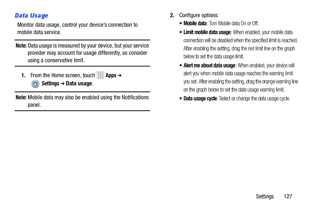 Samsung SCH-I925EAAVZW Data Usage, Settings Data usage, Configure options Mobile data Turn Mobile data On or Off 