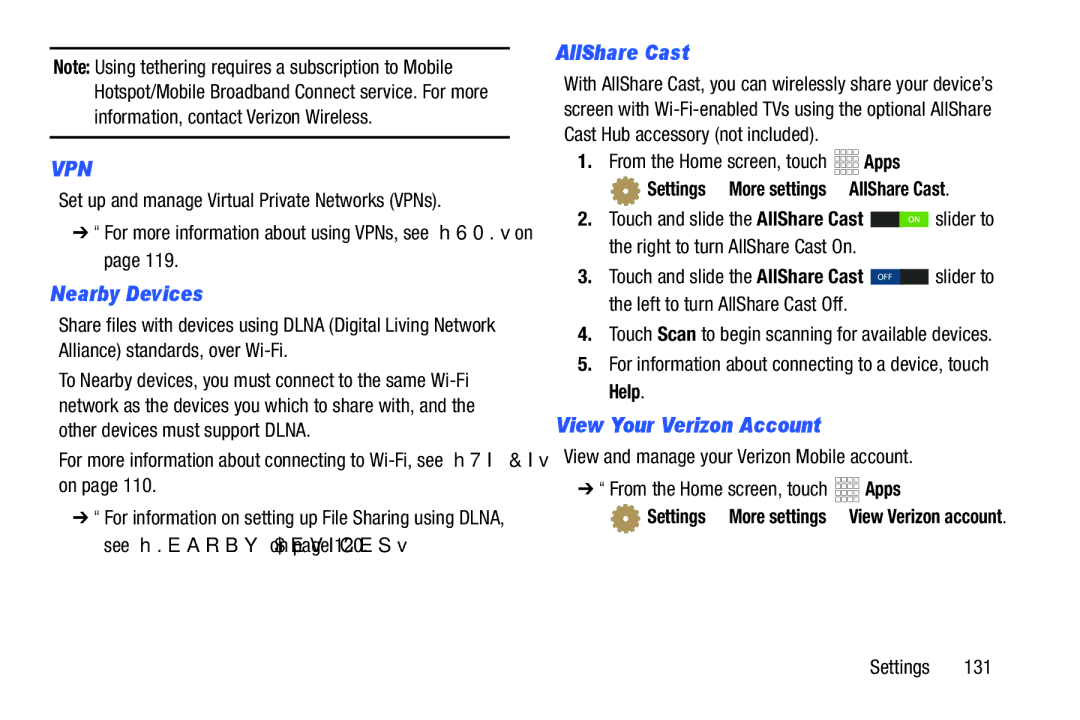 Samsung GH68_37970A, SCHI925EAAVZW, SCH-I925EAAVZW user manual Nearby Devices, AllShare Cast, View Your Verizon Account 