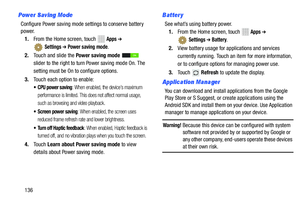 Samsung SCH-I925EAAVZW user manual Power Saving Mode, Application Manager, Settings Power saving mode, Settings Battery 