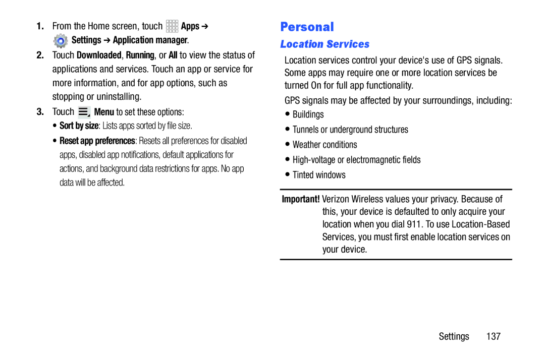 Samsung GH68_37970A, SCHI925EAAVZW, SCH-I925EAAVZW user manual Personal, Location Services, Settings Application manager 