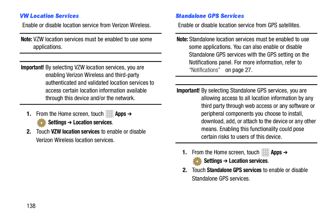 Samsung SCHI925EAAVZW, SCH-I925EAAVZW VZW Location Services, Settings Location services, Standalone GPS Services, 138 