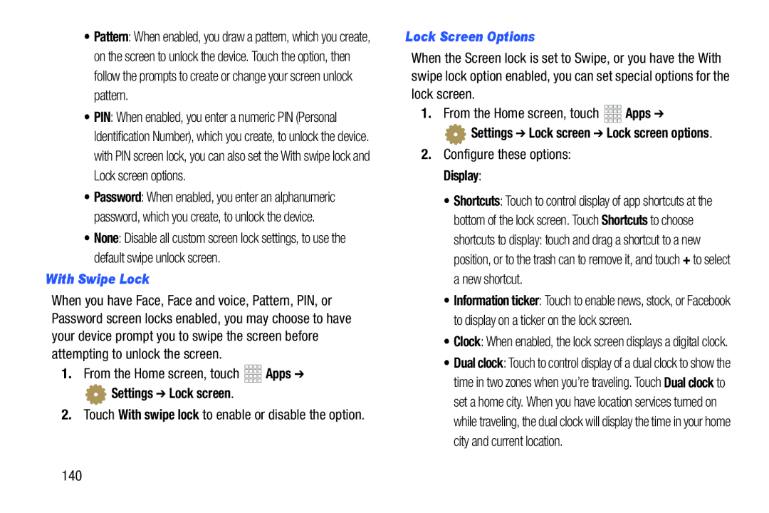 Samsung GH68_37970A, SCHI925EAAVZW user manual With Swipe Lock, Lock Screen Options, Configure these options Display, 140 