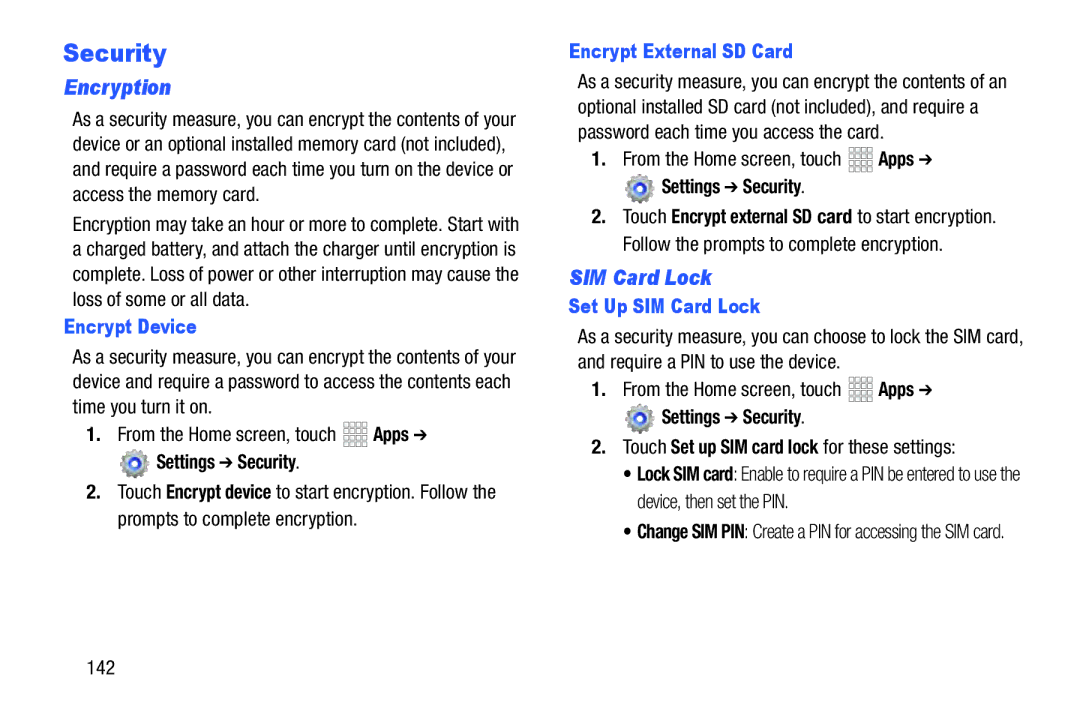 Samsung SCH-I925EAAVZW, SCHI925EAAVZW, GH68_37970A user manual Security, Encryption, SIM Card Lock 