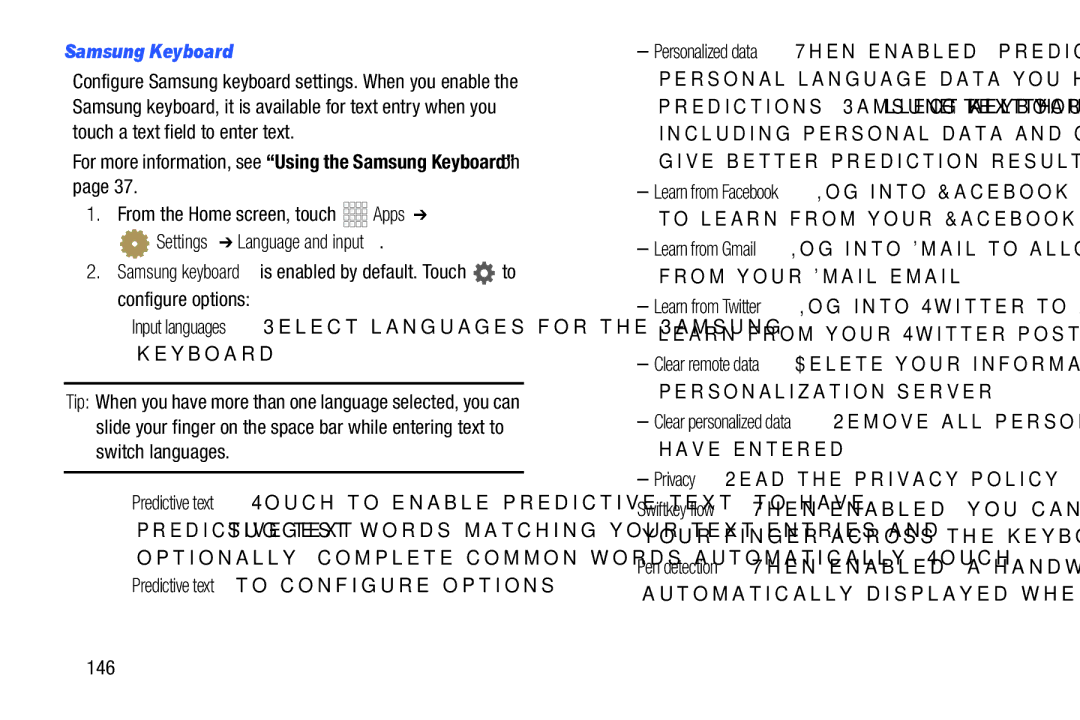 Samsung GH68_37970A Input languages Select languages for the Samsung keyboard, Privacy Read the privacy policy, 146 